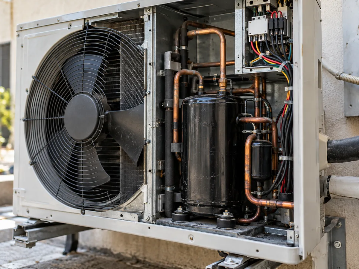 Open HVAC outdoor unit showing the compressor, fan, copper piping and electrical components