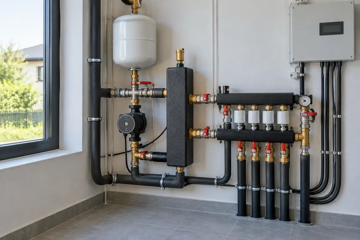 AI-generated illustration of hydronic heating piping, circulation equipment and distribution manifold
