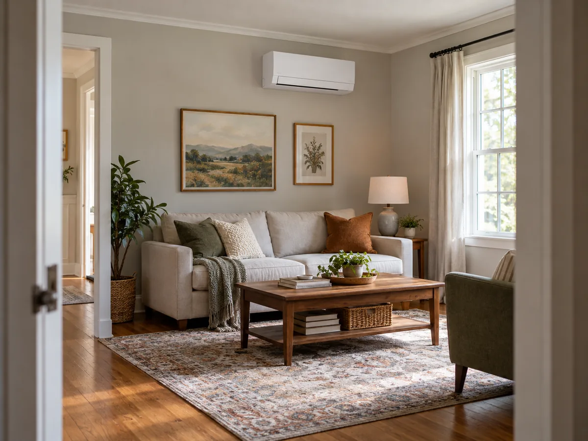 Wall-mounted ductless mini split indoor unit above a sofa in a residential living room