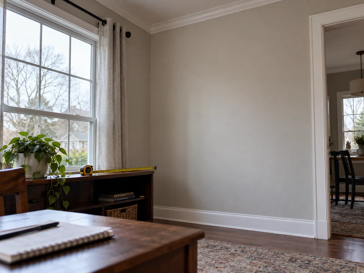 Unoccupied room with clear wall beside a window and a tape measure laid on furniture before mini split installation