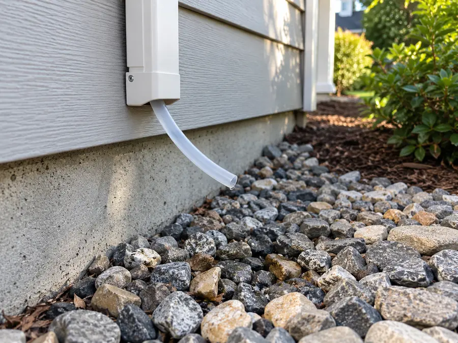 Condensate drain tube from residential siding discharging above gravel near foundation