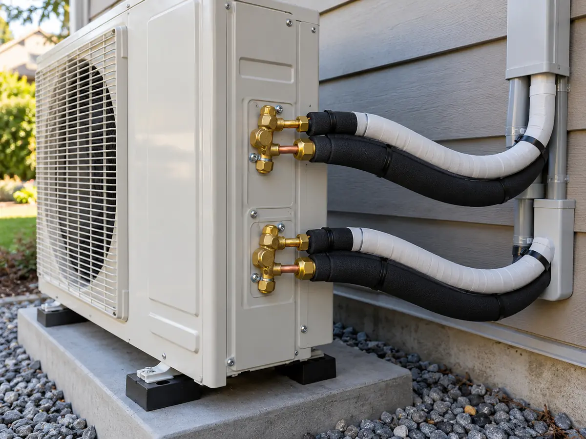 Two pairs of insulated refrigerant line connections on a representative multi-zone outdoor unit