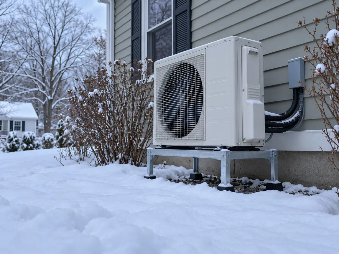 Residential ductless outdoor heat pump on an elevated stand above snow
