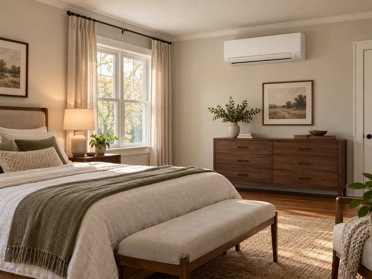 White indoor ductless mini split mounted high on a bedroom wall above a dresser