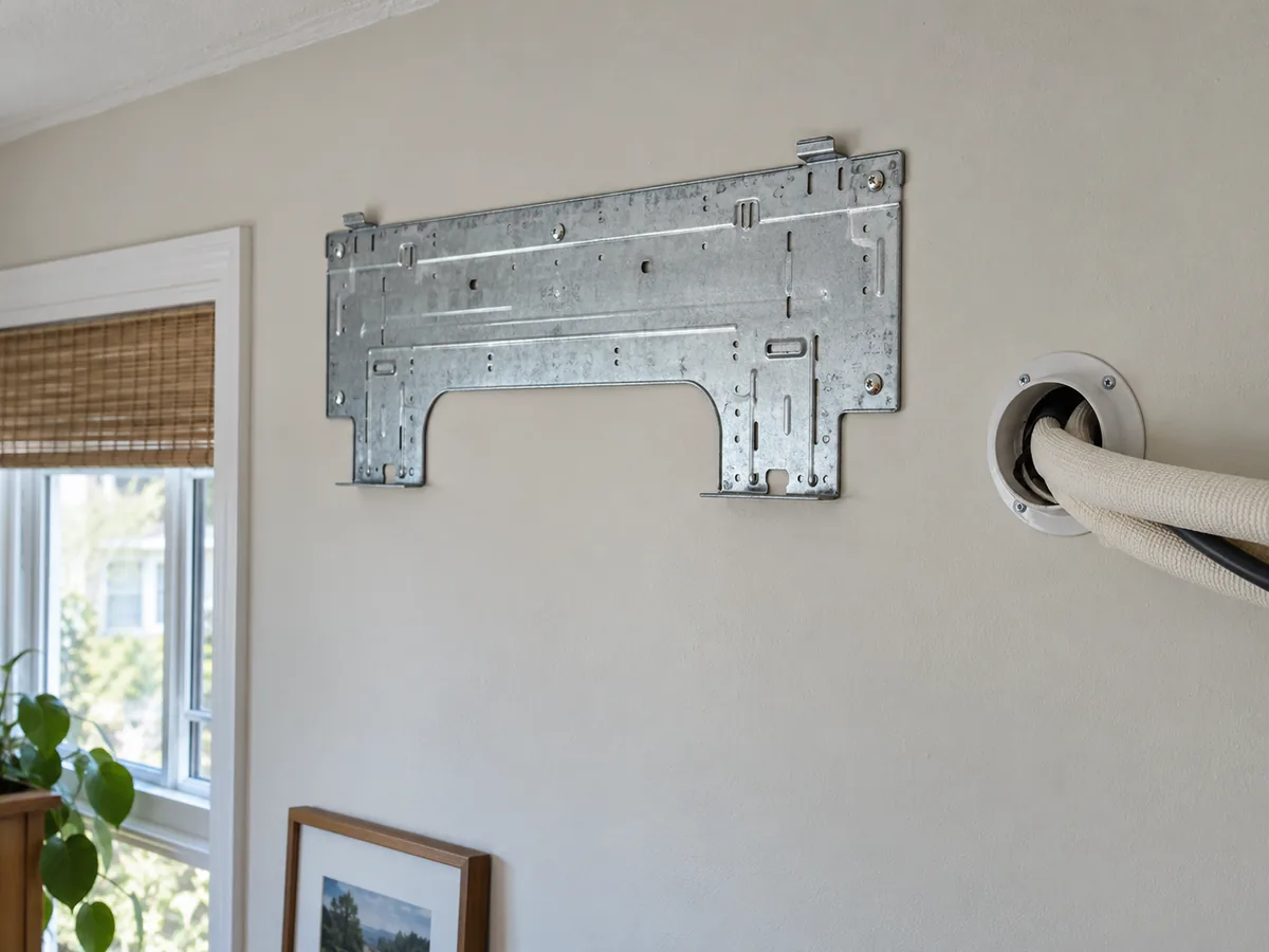 Installed mini split wall mounting plate and protected wall penetration sleeve before indoor unit placement