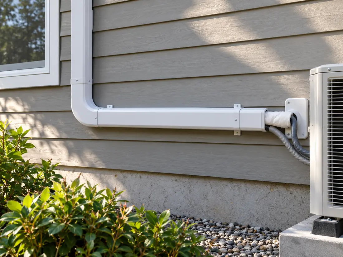 Exterior wall-mounted white cover protecting refrigerant line set route leading toward outdoor unit