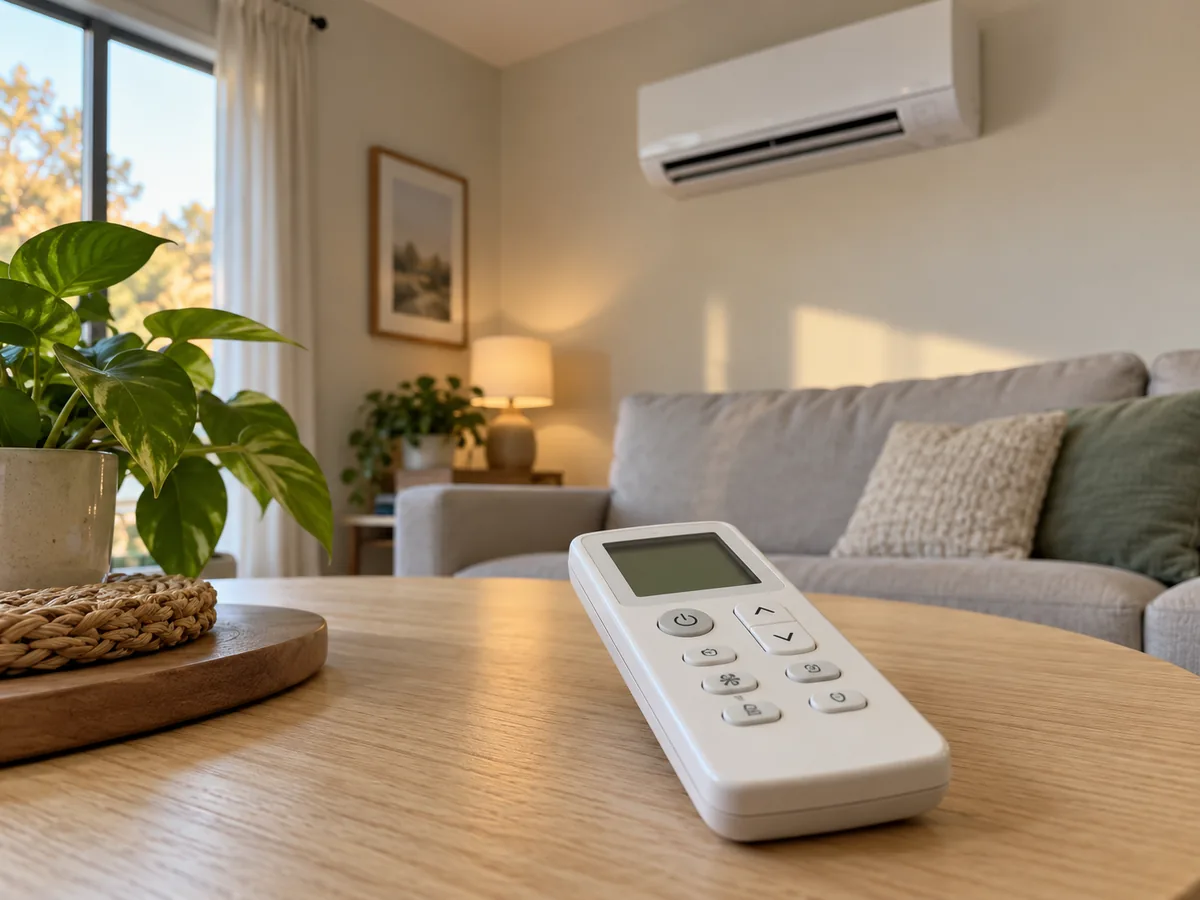 Ductless mini split remote controller on wooden table with indoor wall unit in background
