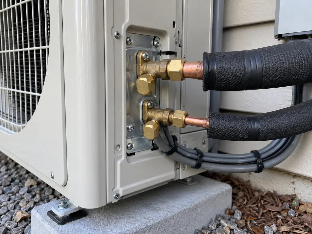 Outdoor mini split brass service valve connections and insulated copper refrigerant lines close-up