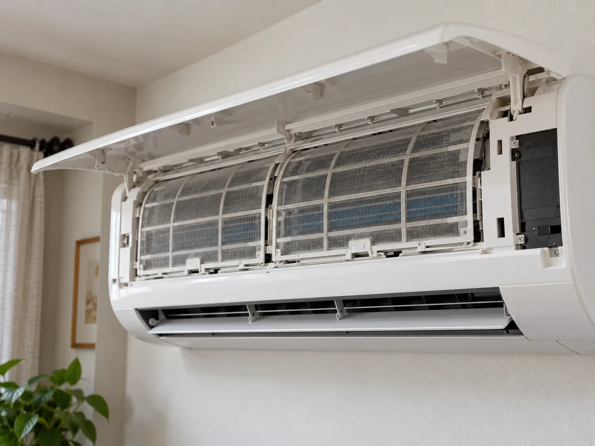 Opened wall-mounted mini split indoor unit showing two mesh filters for maintenance inspection
