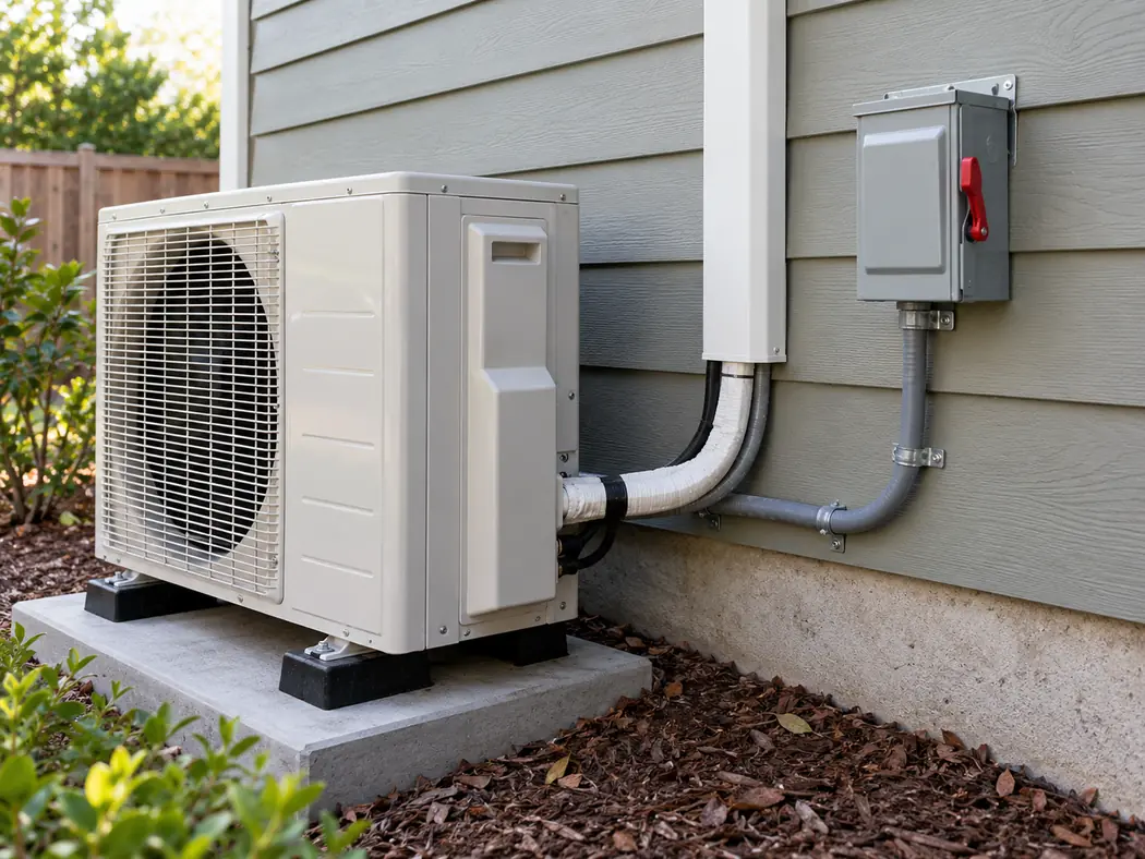 Wall-mounted exterior electrical disconnect enclosure beside a residential mini split outdoor unit
