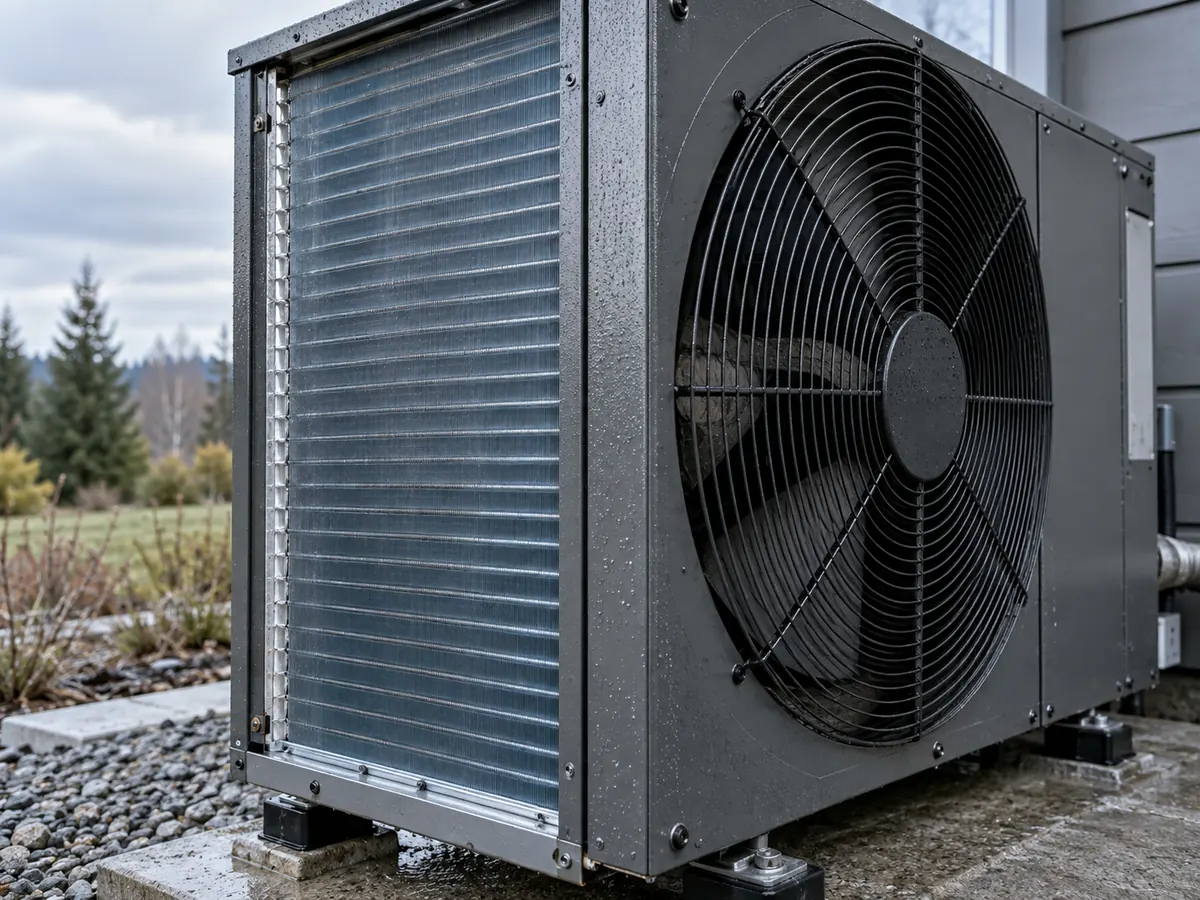 Outdoor heat pump fan and finned coil used to absorb heat from outdoor air