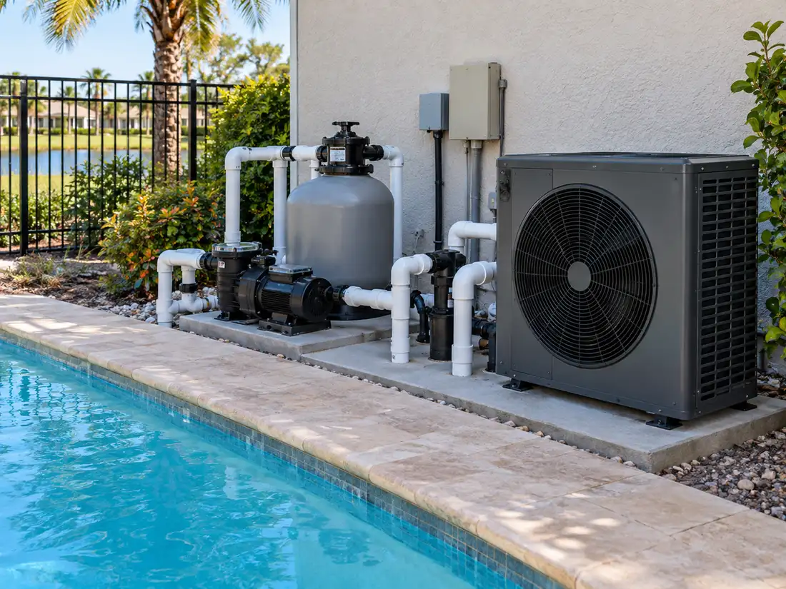 Pool heat pump installed beside residential pool filtration equipment