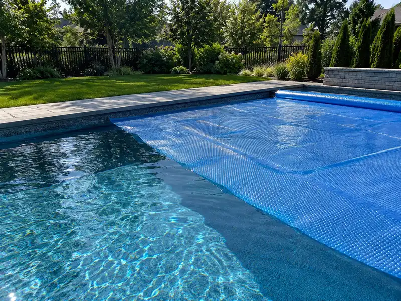 Swimming pool surface partially covered by a thermal pool cover