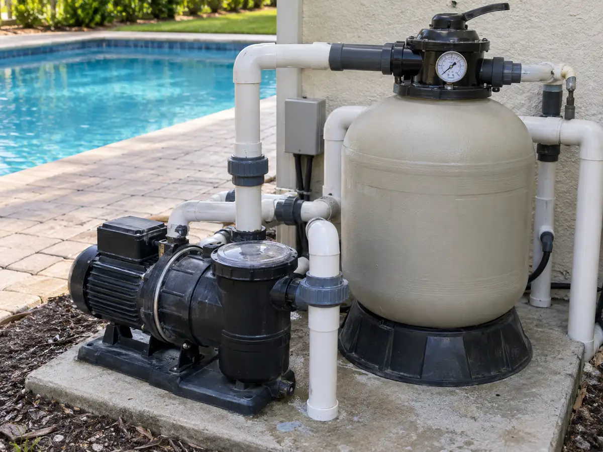 Pool circulation pump connected to a sand filter and return pipework