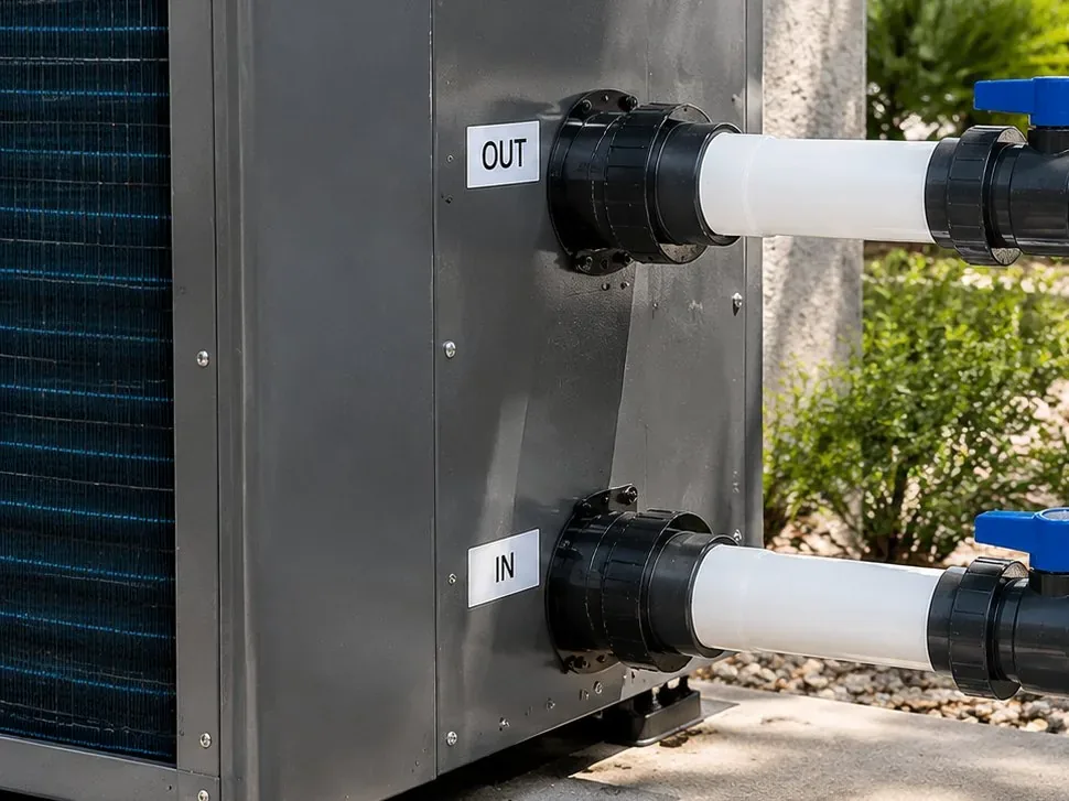 Separate water port unions and short PVC connections on a pool heat pump