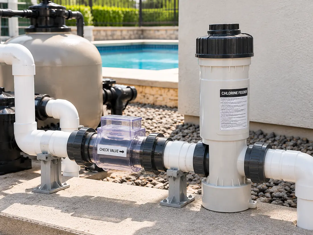 Inline check valve and upright chemical feeder on a pool return pipe