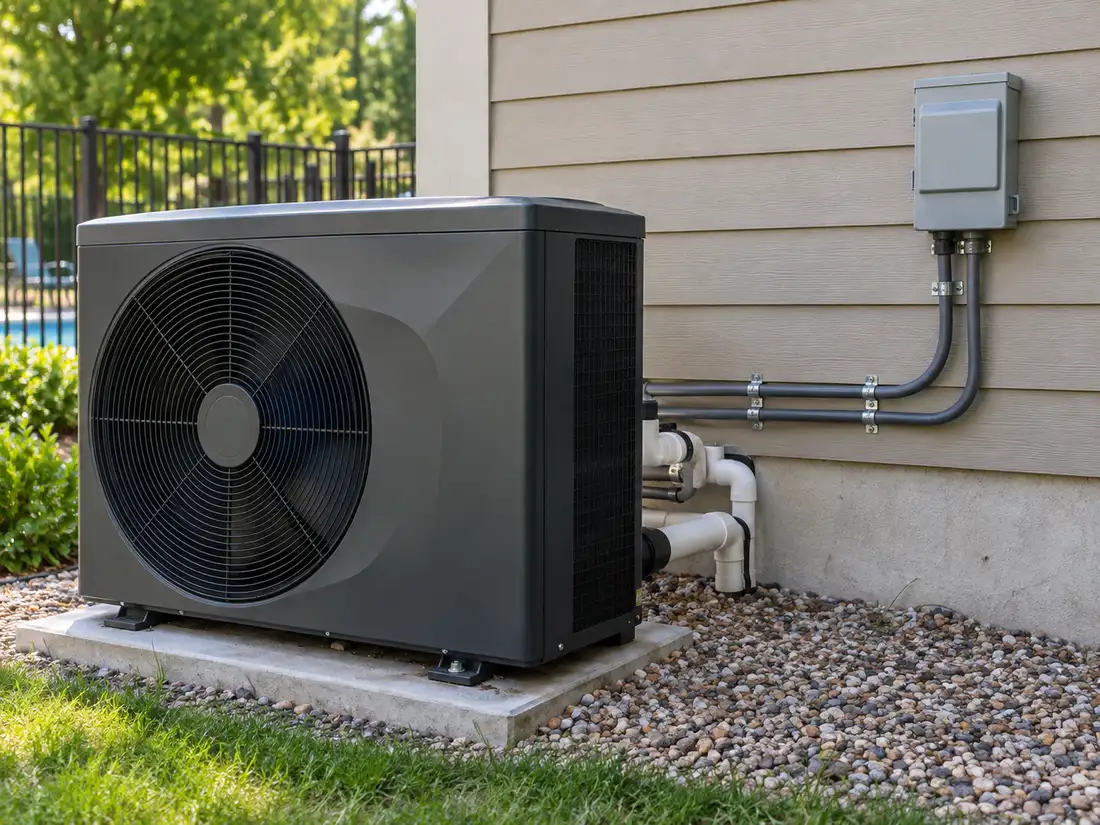 Outdoor pool heat pump beside a weatherproof electrical disconnect