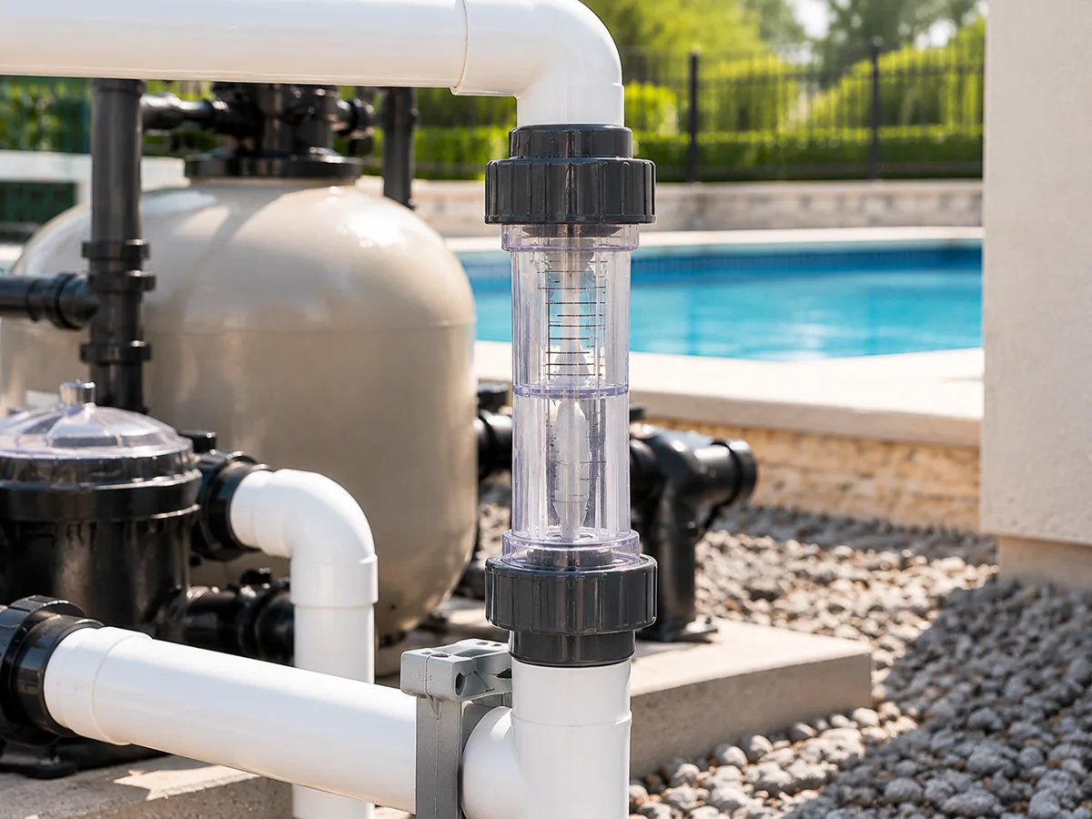 Transparent inline vertical water flow meter in pool circulation plumbing