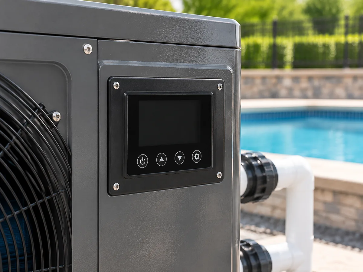 Unlit electronic control panel on an outdoor pool heat pump