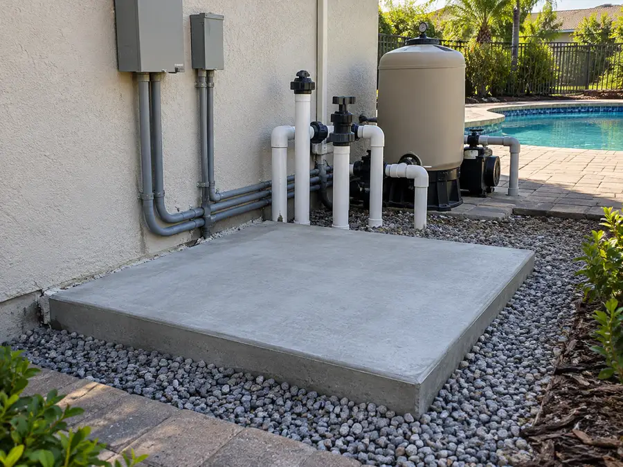 Empty concrete equipment pad prepared beside existing pool filtration piping