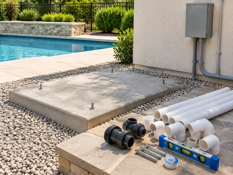 PVC pipes, service unions and mounting materials next to an empty heat pump pad