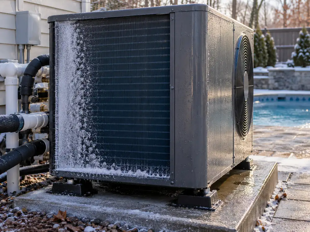Frost on an outdoor pool heat pump heat exchanger during cold weather