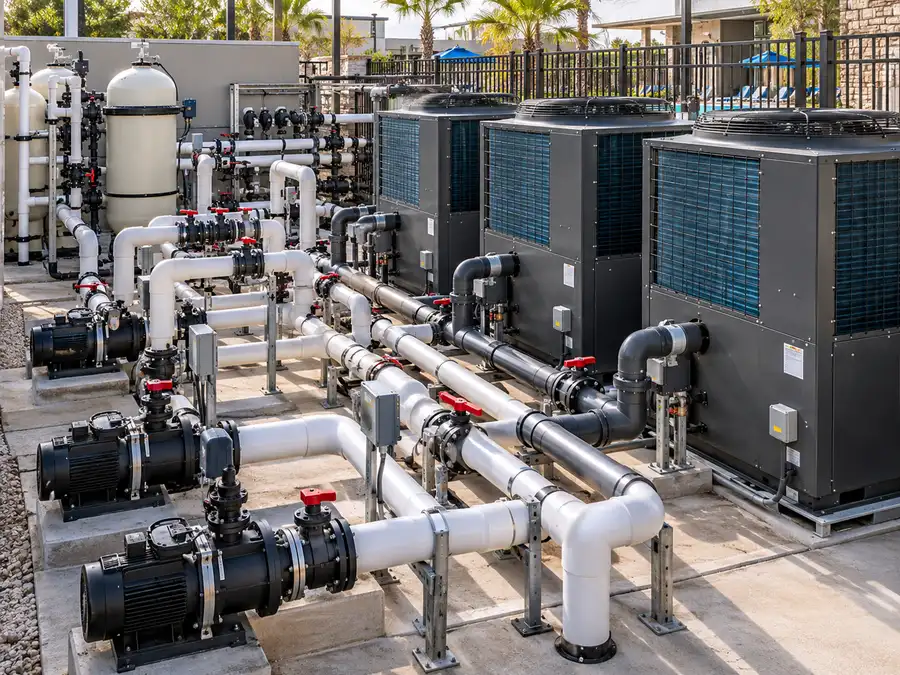 Commercial swimming pool plant with multiple heat pumps and circulation pipes