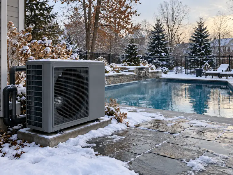 Outdoor pool heat pump beside a swimming pool during snowy weather