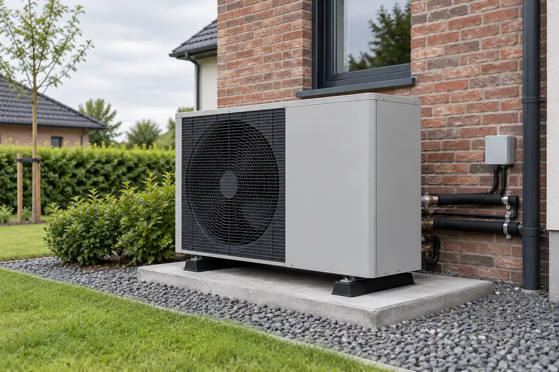 AI-generated illustration of a residential outdoor air-to-water heat pump installed beside a house