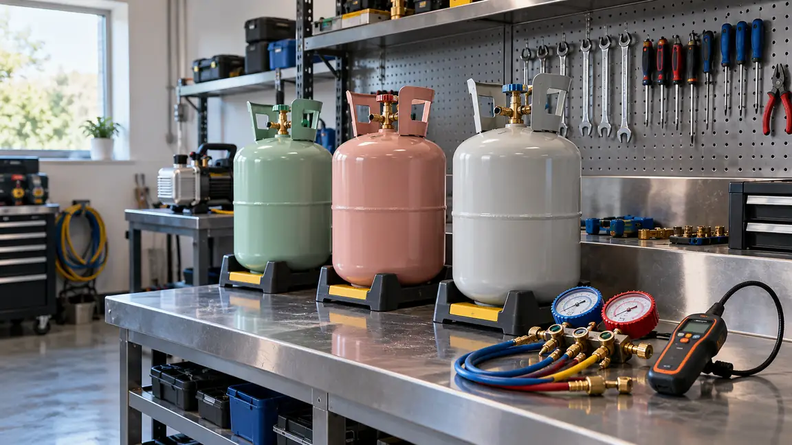 AI-generated illustrative refrigeration maintenance workbench with service gauges and refrigerant cylinders