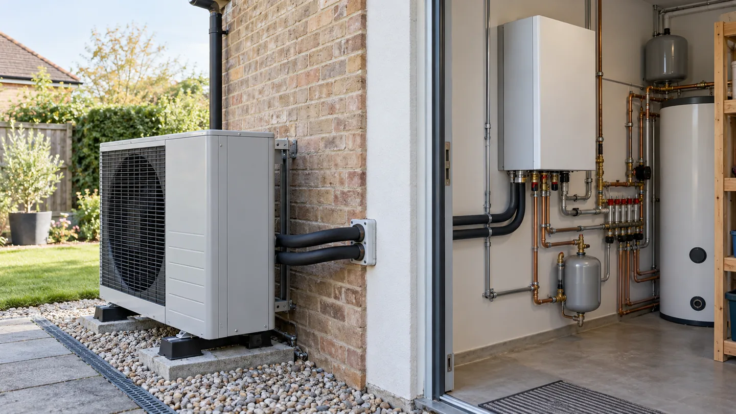 Split air-to-water heat pump installation with outdoor unit and indoor hydrobox